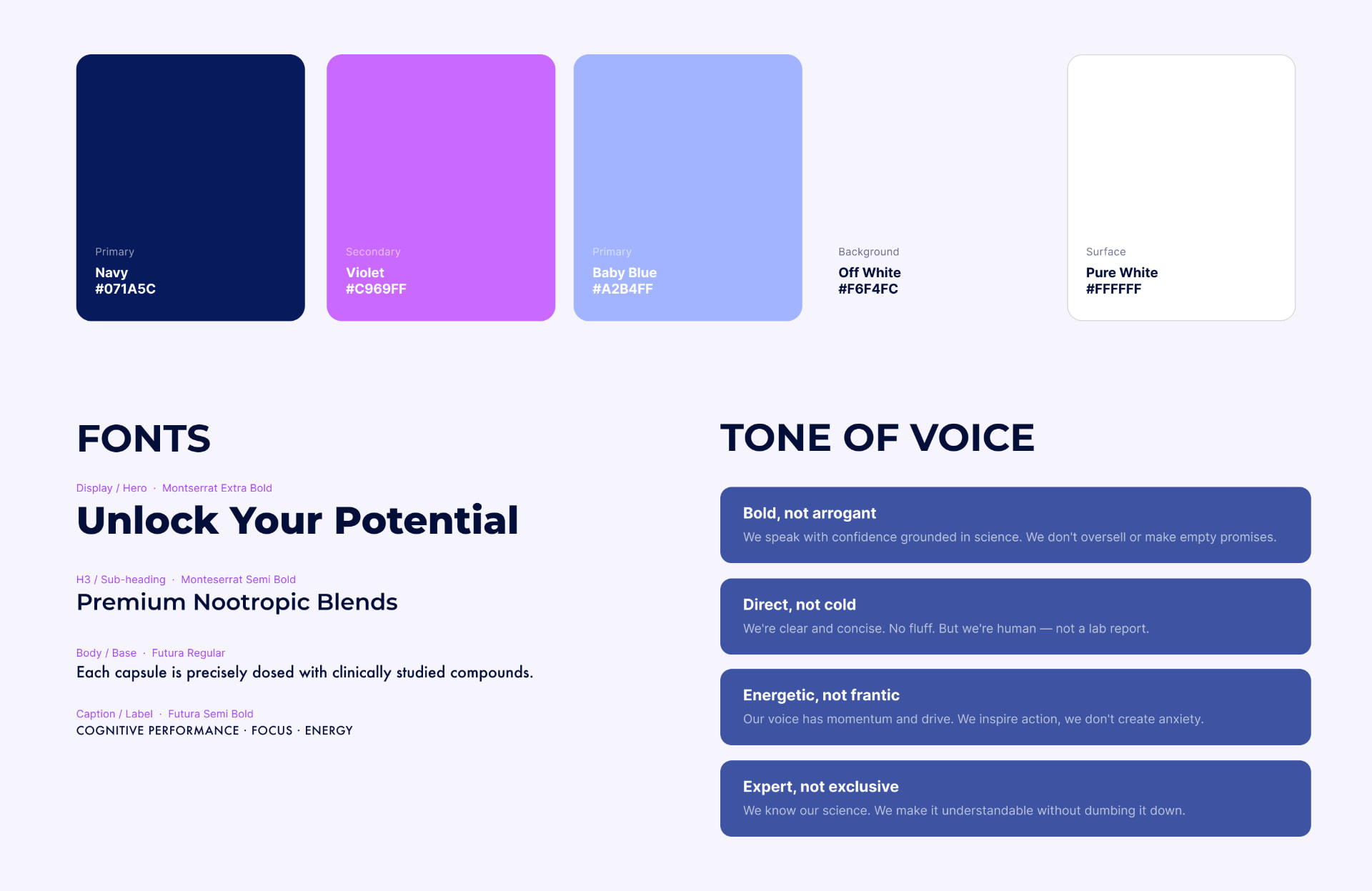 Just Nootropics design system — colour palette, typography and grid