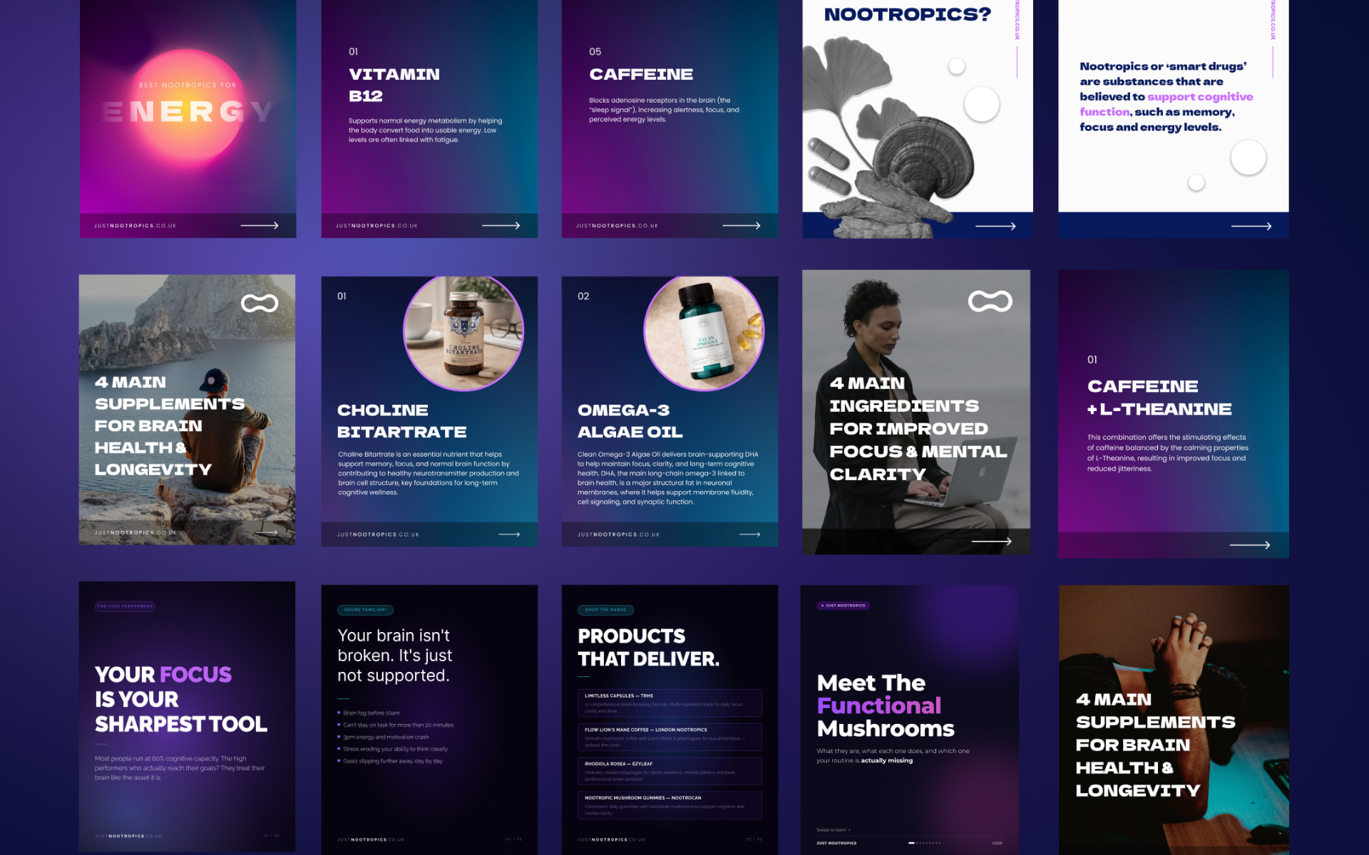 Fifteen Just Nootropics social carousel posts on a purple gradient