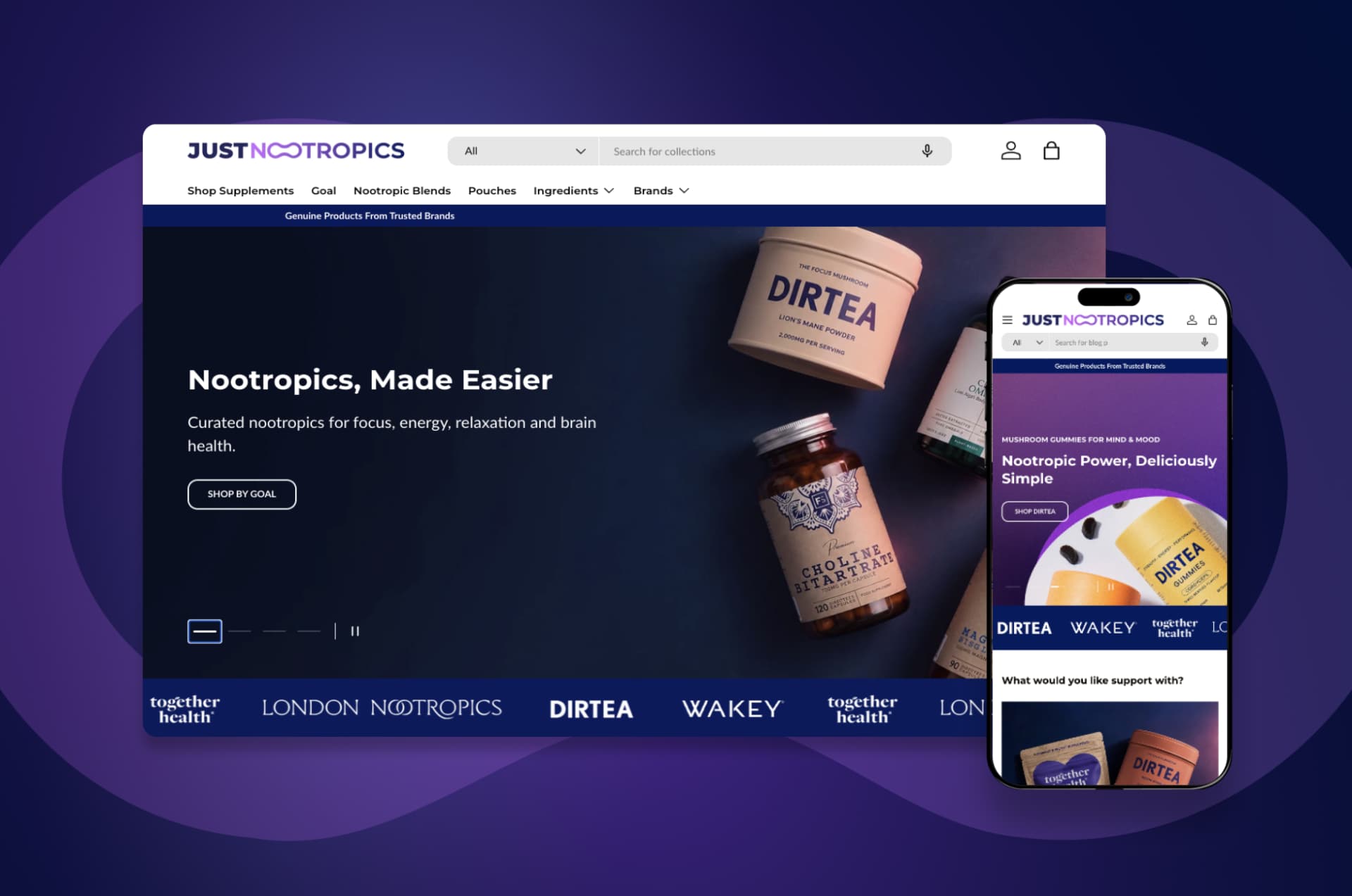 Just Nootropics live Shopify site on desktop and mobile
