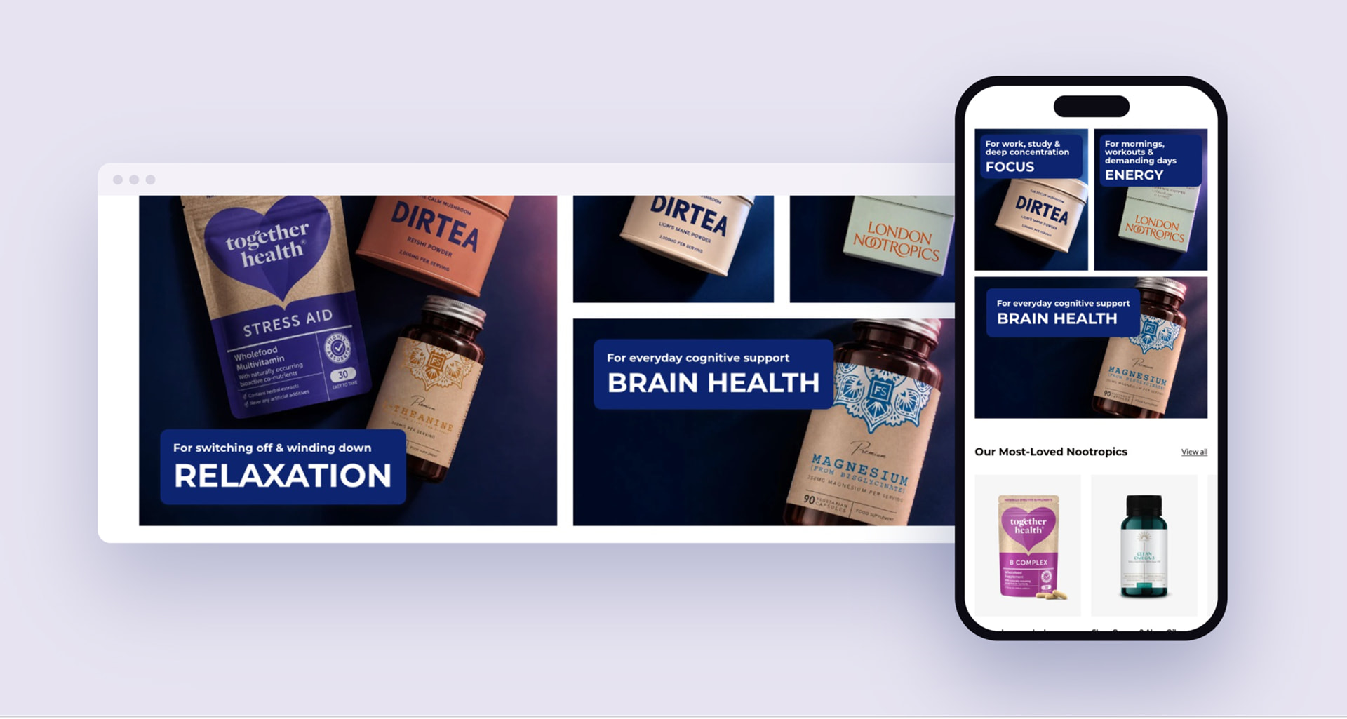 Just Nootropics shop-by-goal category grid on desktop and mobile